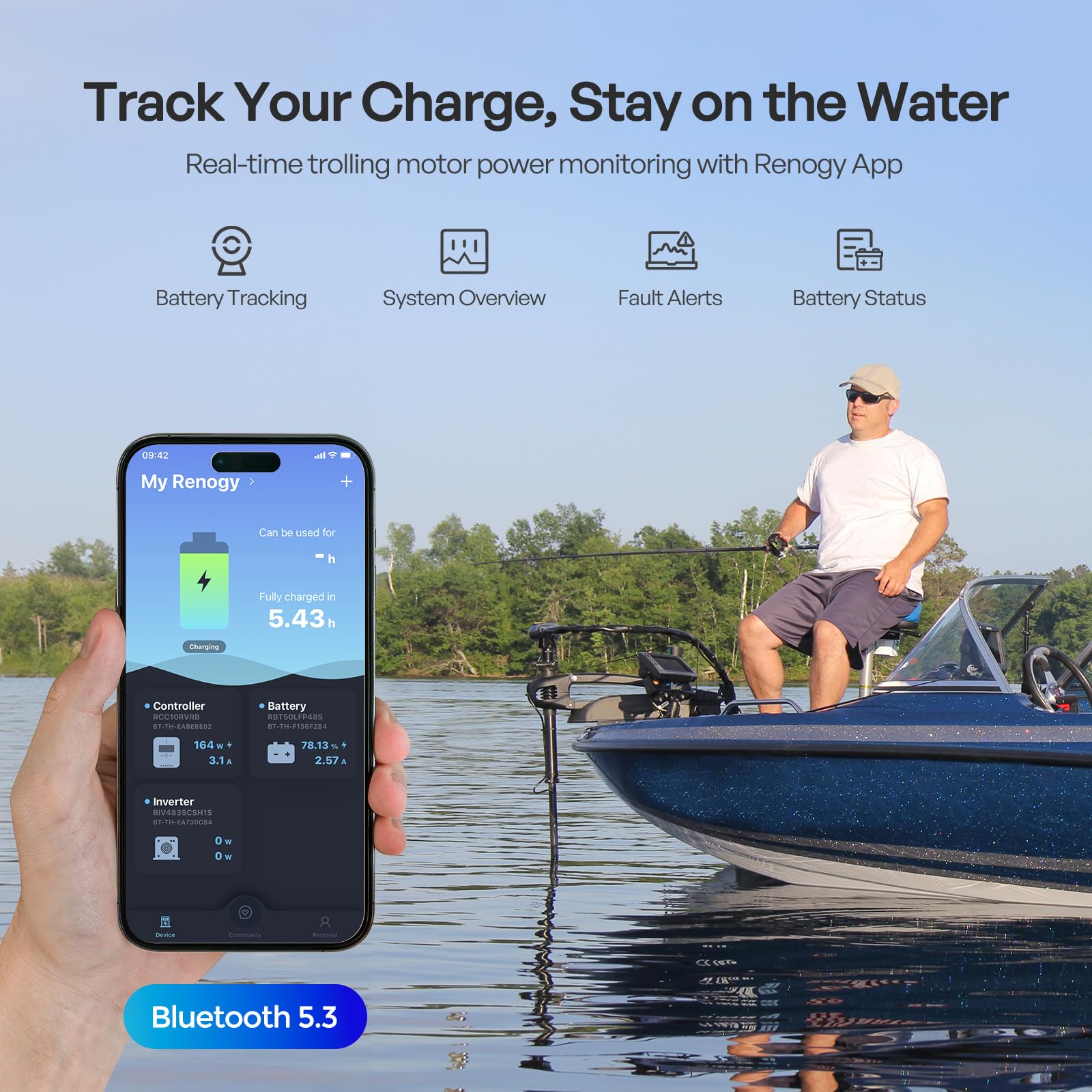 Renogy 12V 100Ah Trolling Motor Lithium Lifepo4 Battery with Bluetooth, Built in 100A BMS, IP67 Waterproof Group24 Deep Cycle Battery for Yacht, Marine, Boat, RV, Home Backup Energy - Image 4