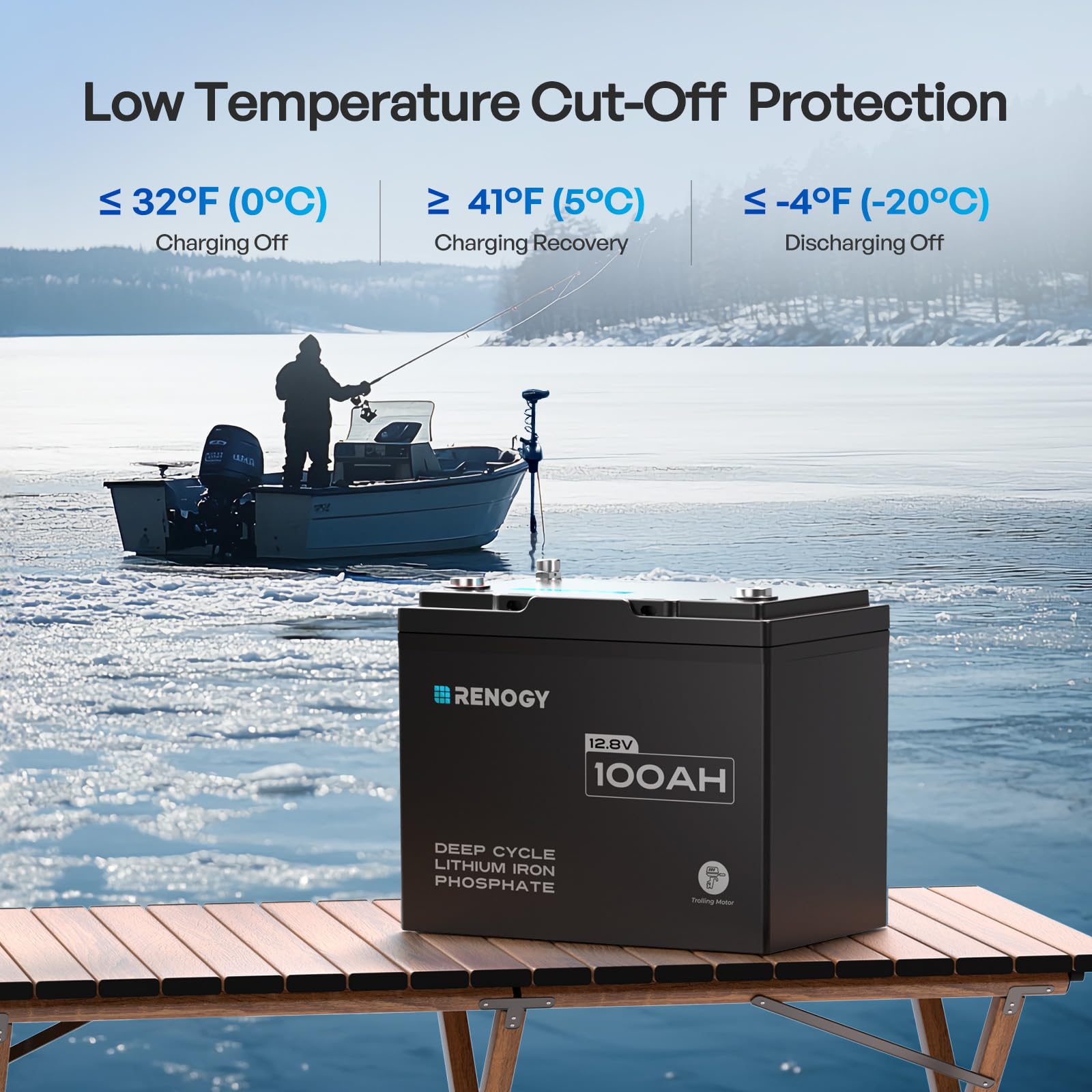 Renogy 12V 100Ah Trolling Motor Lithium Lifepo4 Battery with Bluetooth, Built in 100A BMS, IP67 Waterproof Group24 Deep Cycle Battery for Yacht, Marine, Boat, RV, Home Backup Energy - Image 7