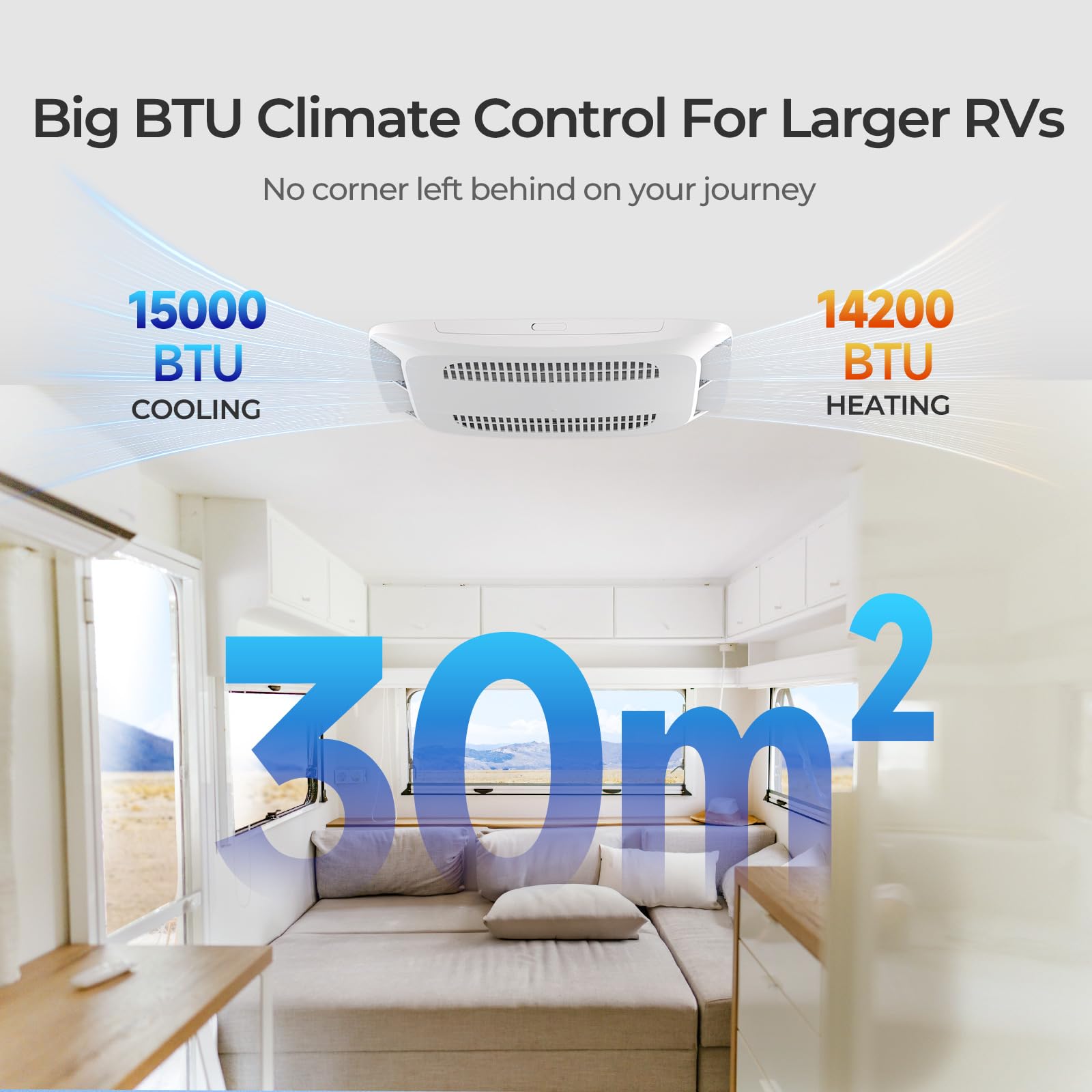 Renogy 15,000 BTU 3-in-1 RV Air Conditioner with Heat Pump, Ultra Quiet 43dB, Fast Cooling & Heating for Up to 30㎡, 350 CFM Dual-Motor System, Low-Profile Rooftop AC w/HD Filter, UV-Resistant Housing - Image 3