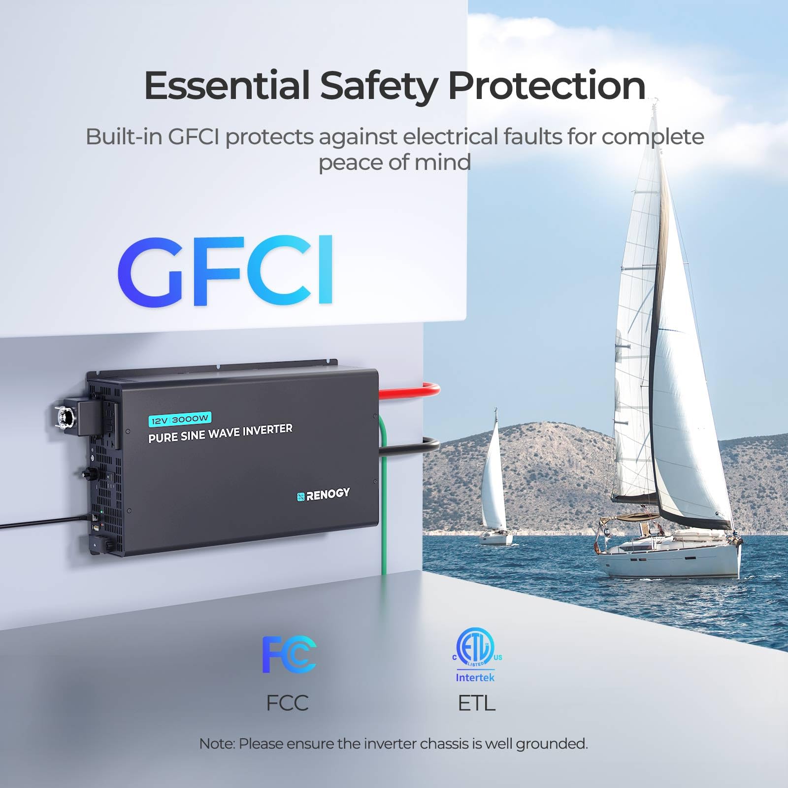 Renogy 3000W 12V Pro Pure Sine Wave Inverter 12V DC to 110V 120V AC Built-in Bluetooth, Ecosleep Mode, with 16.4FT Remote Controller, Support Pre-Charging, 6000W Peak Power, Truck, RV, Home Energy - Image 5