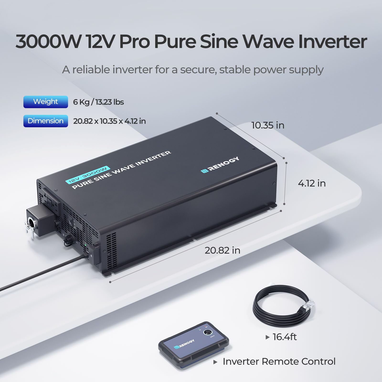 Renogy 3000W 12V Pro Pure Sine Wave Inverter 12V DC to 110V 120V AC Built-in Bluetooth, Ecosleep Mode, with 16.4FT Remote Controller, Support Pre-Charging, 6000W Peak Power, Truck, RV, Home Energy - Image 7