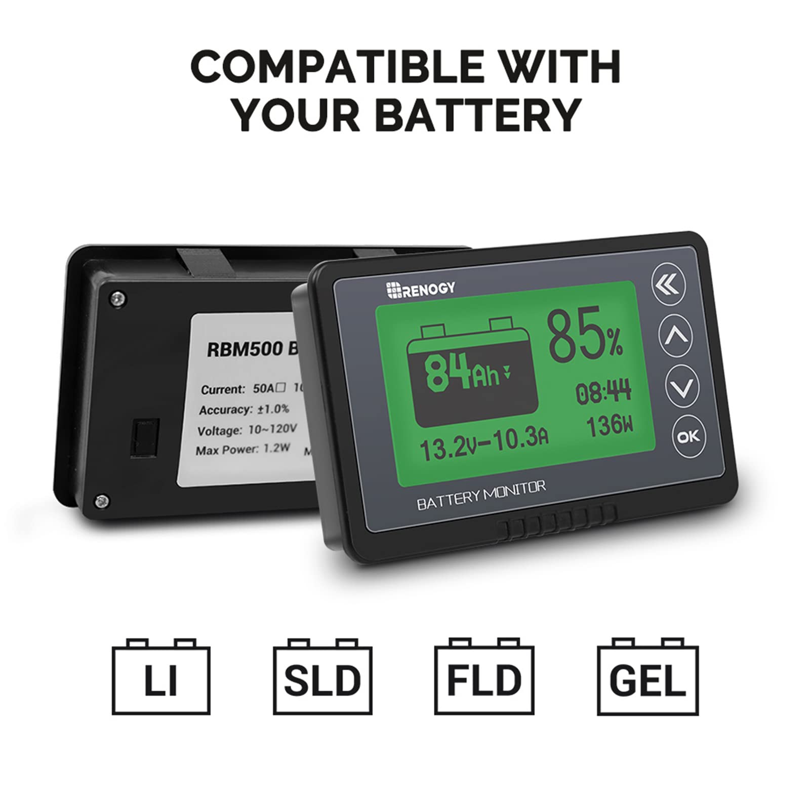 Renogy 500A Battery Monitor with Shunt, High and Low Voltage Programmable Alarm, Range 10V-120V up to 500A, 20ft Shielded Cable, Compatible 12V Lithium Sealed, Gel, Flooded Batteries,Black - Image 8